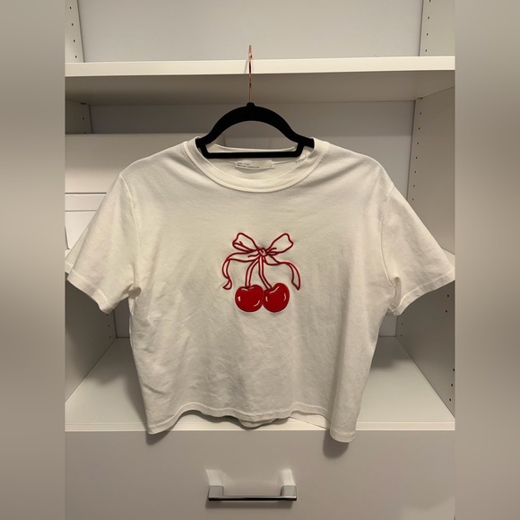 OAK + FORT Tops - OAK + FORT White T-Shirt with Red Cherry Bow Design